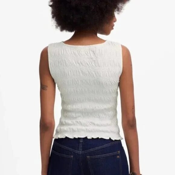 Madewell Smocked Cotton Linen Blend Ruffle Hem Boatneck Tank White Size XXS NWT - Picture 2 of 10